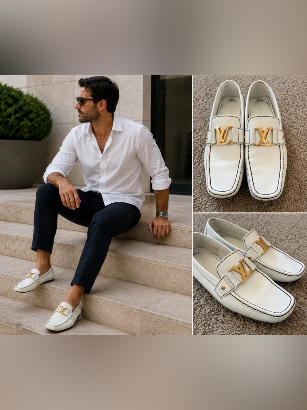 Louis Vuitton White Leather Loafers with Gold LV Hardware